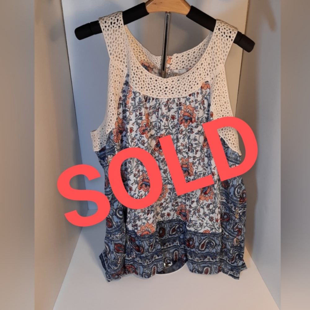Cato Fashion Loose Fit Blue and White with Floral Tank Top with Crochet Trim. - Picture 1 of 12